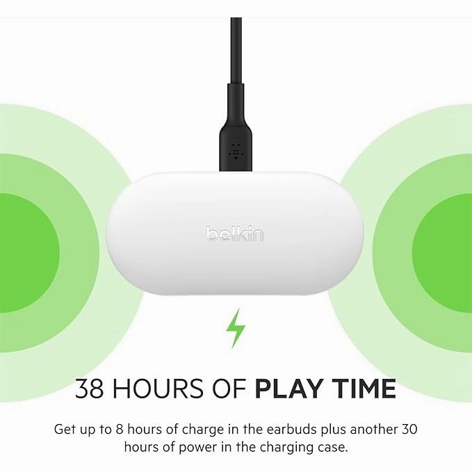 Belkin SOUNDFORM Play True Wireless Earbuds  38H Playtime, IPX5 Water Resistant, 3 EQ Presets - White