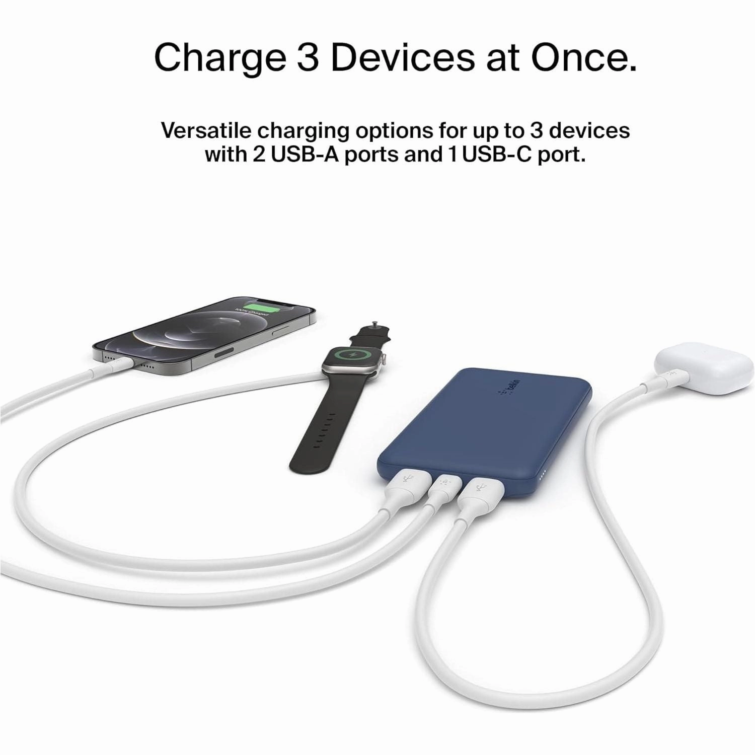 Belkin USB C Portable Power Bank (10000 mAh with 1 USB C Port and 2 USB A Ports for up to 15W Charging for iPhone, Android, AirPods, iPad, and More)  Blue