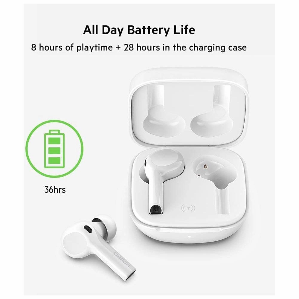 Belkin Wireless Bluetooth Earphones, SOUNDFORM Freedom True Wireless Earbuds with Wireless Charging Case IPX5 Certified Sweat and Water Resistant with Deep Bass for iPhones and Androids - White