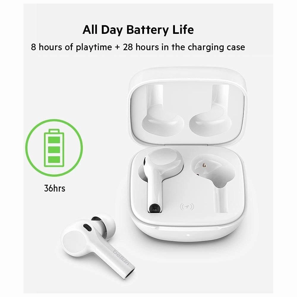 Belkin Wireless Bluetooth Earphones, SOUNDFORM Freedom True Wireless Earbuds with Wireless Charging Case IPX5 Certified Sweat and Water Resistant with Deep Bass for iPhones and Androids - White