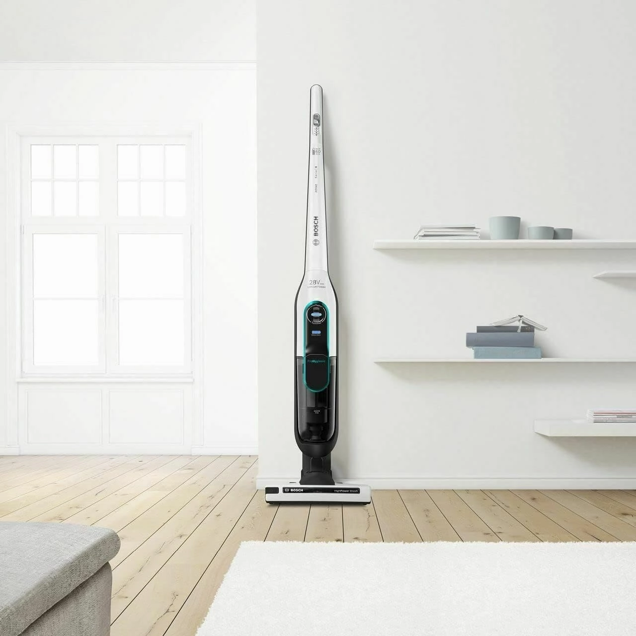 Bosch Athlet Serie 6 BCH86HYGGB ProHygienic 28V Cordless Vacuum Cleaner, 60 Minutes runtime-White, 0.9 liters, 81 Decibeles