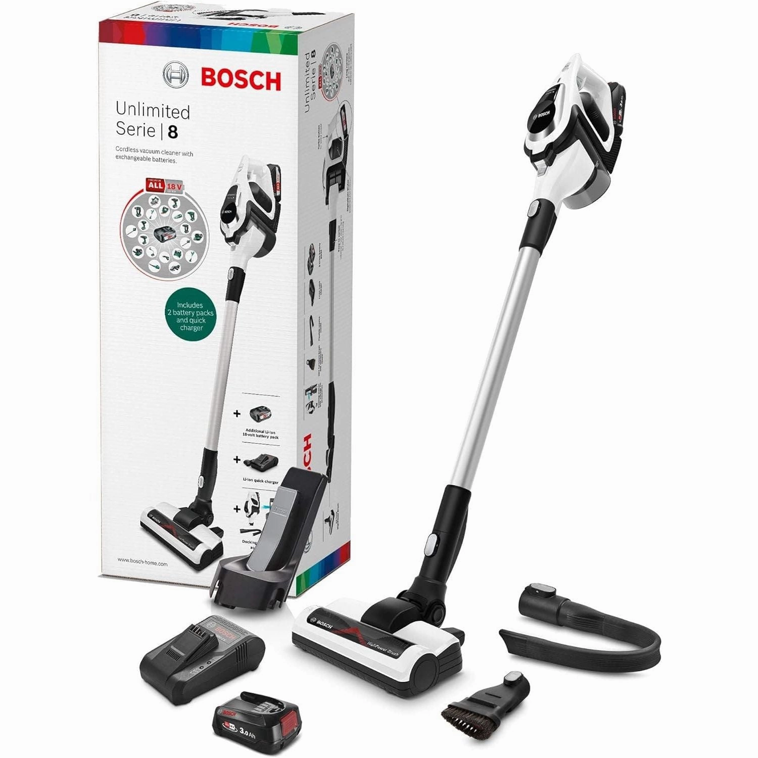 Bosch BCS122GB Unlimited Serie | 8 - Rechargeable Cordless and Lightweight Vacuum Cleaner for Multiple Surfaces with Two Interchangeable Power For All Battery Packs and Quick Charger,White
