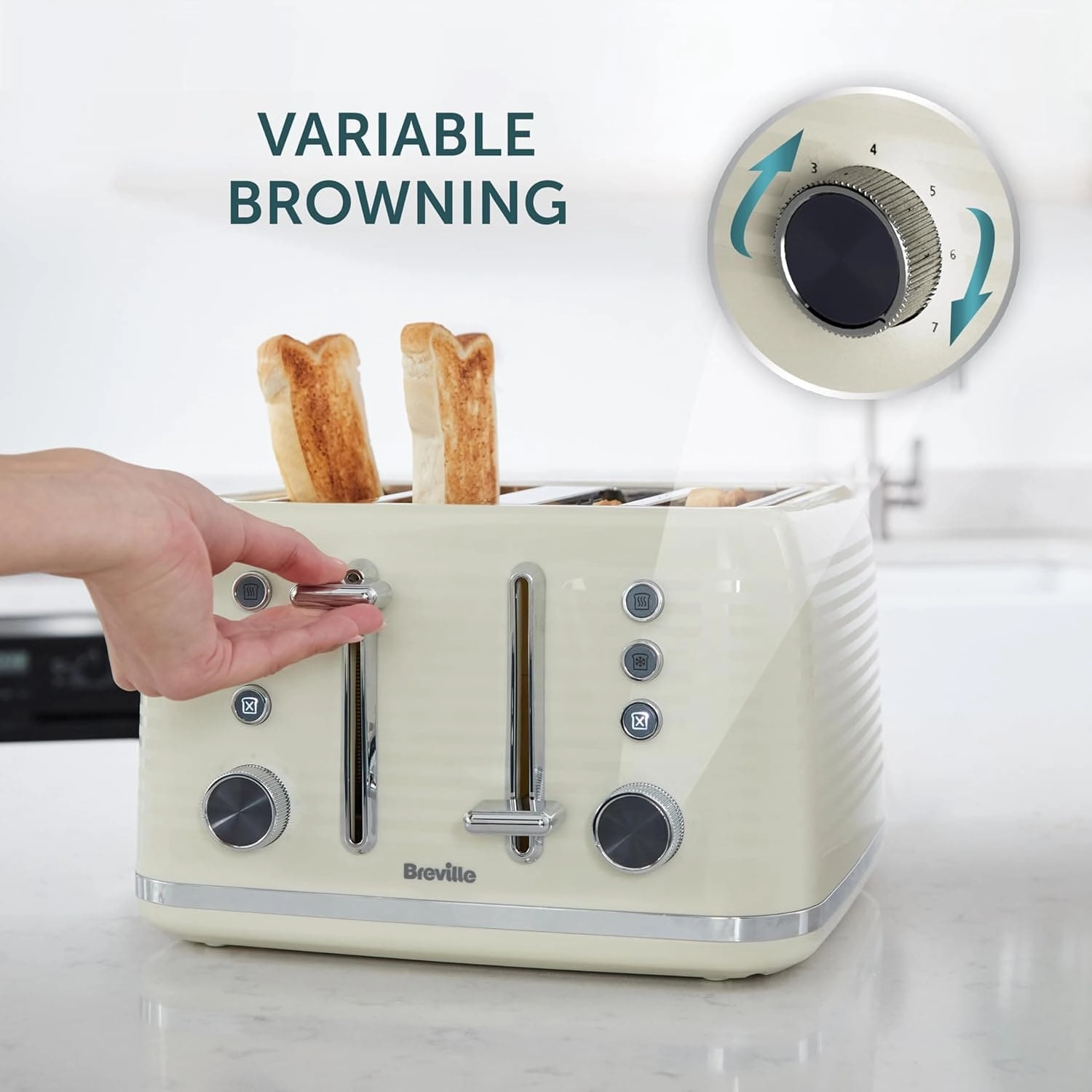 Breville Zen 4-Slice Cream Toaster with High Lift & Wide Slots | Cream & Silver Chrome