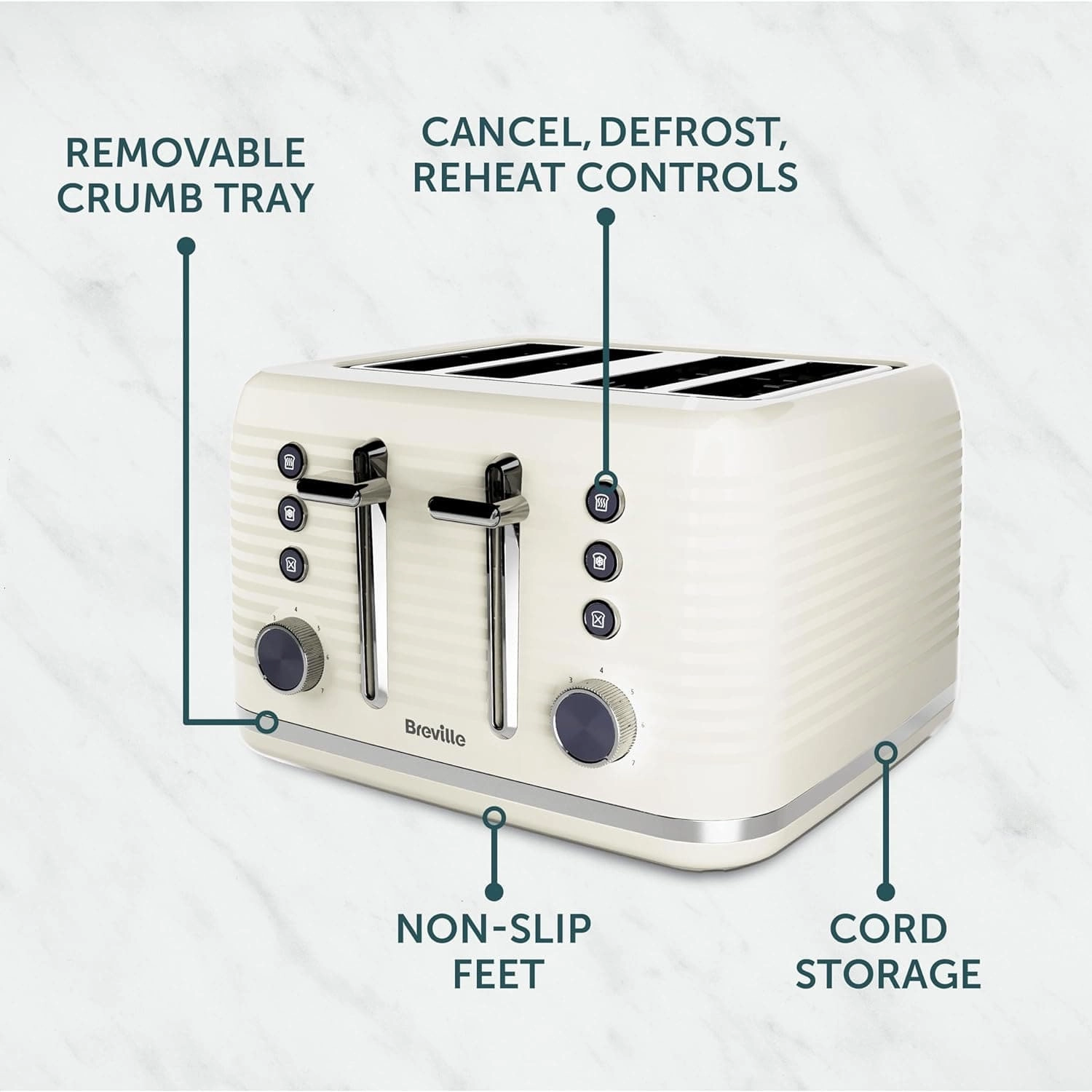 Breville Zen 4-Slice Cream Toaster with High Lift & Wide Slots | Cream & Silver Chrome
