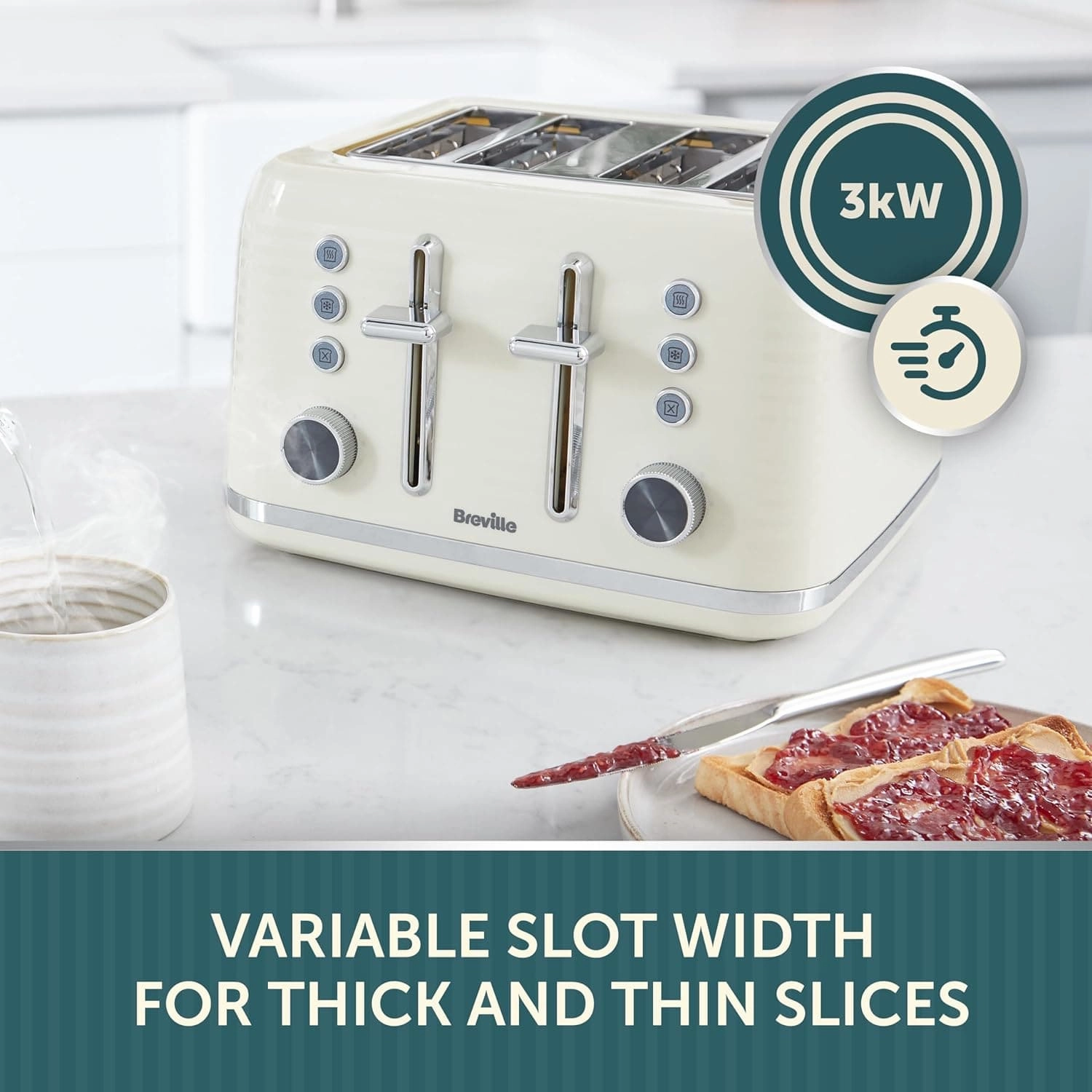 Breville Zen 4-Slice Cream Toaster with High Lift & Wide Slots | Cream & Silver Chrome
