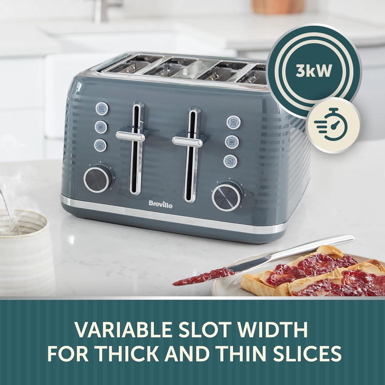Breville Zen 4-Slice Grey Toaster with High Lift & Wide Slots | Grey & Silver Chrome [VTR027]