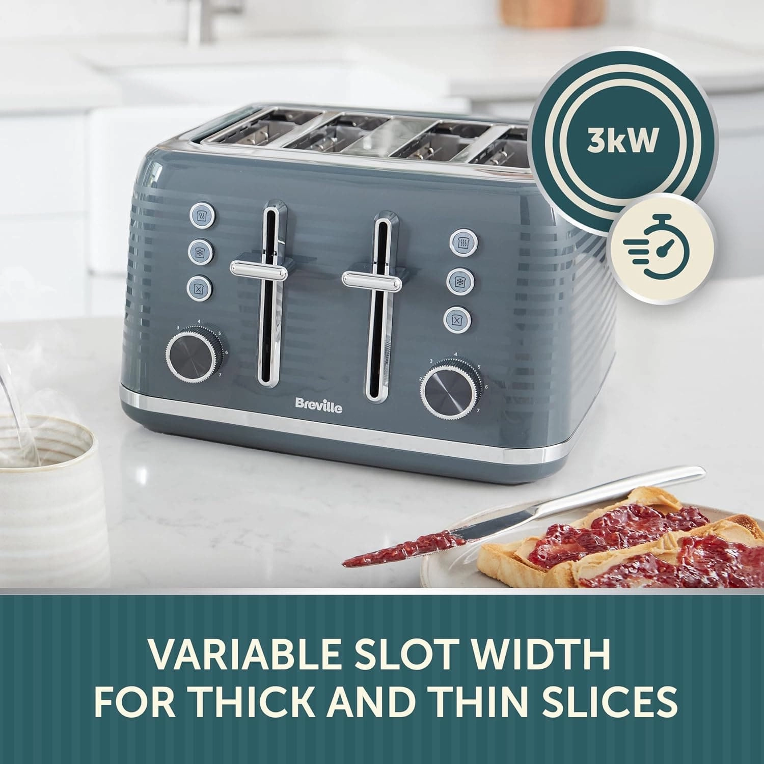 Breville Zen 4-Slice Grey Toaster with High Lift & Wide Slots | Grey & Silver Chrome [VTR027]