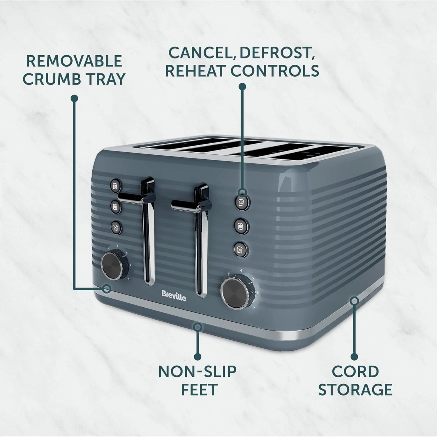 Breville Zen 4-Slice Grey Toaster with High Lift & Wide Slots | Grey & Silver Chrome [VTR027]