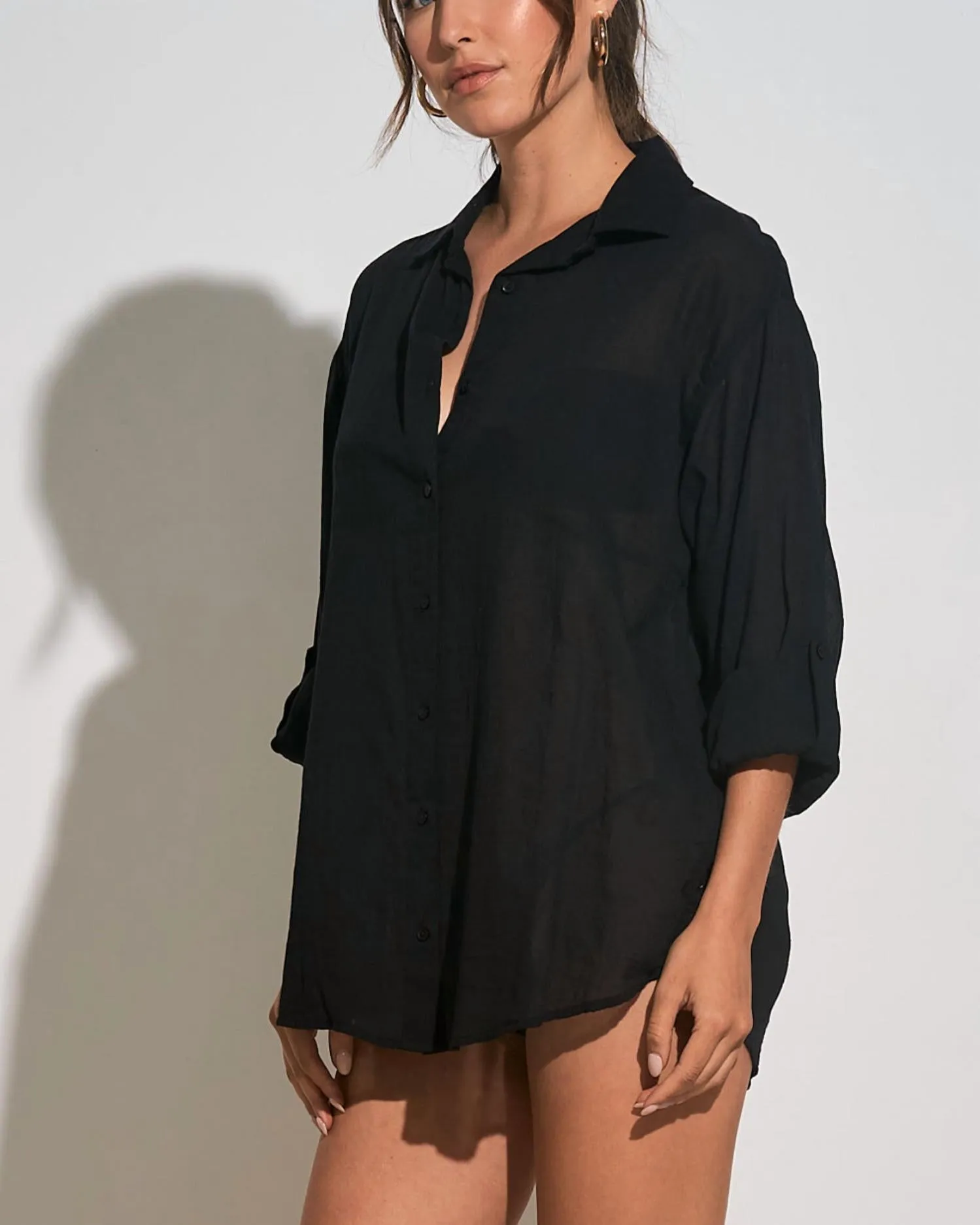 Button Down Cover Up Top In Black