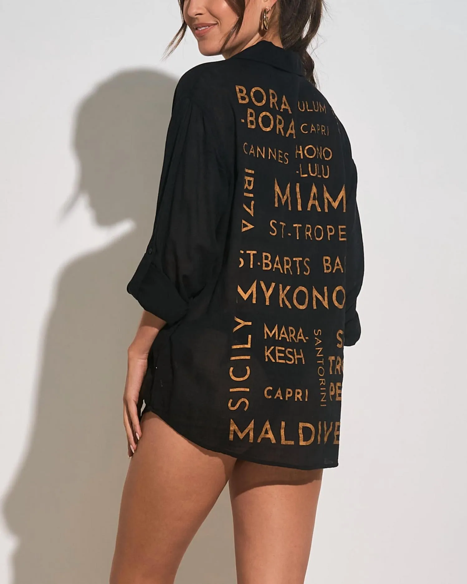 Button Down Cover Up Top In Black