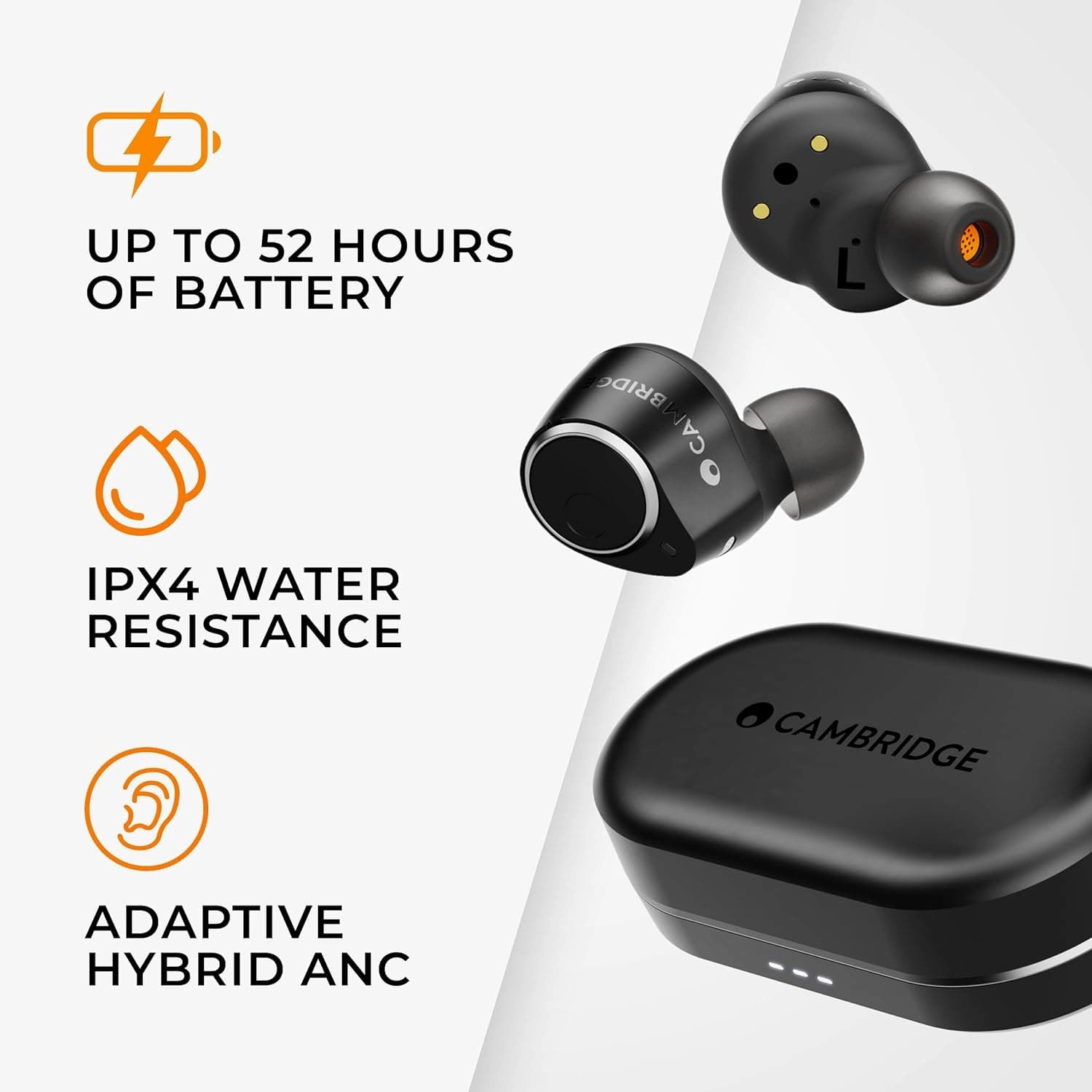Cambridge Audio Melomania M100 True Wireless Earbuds, ANC, Hi-Fi Sound, 52-Hour Battery, Bluetooth - Black