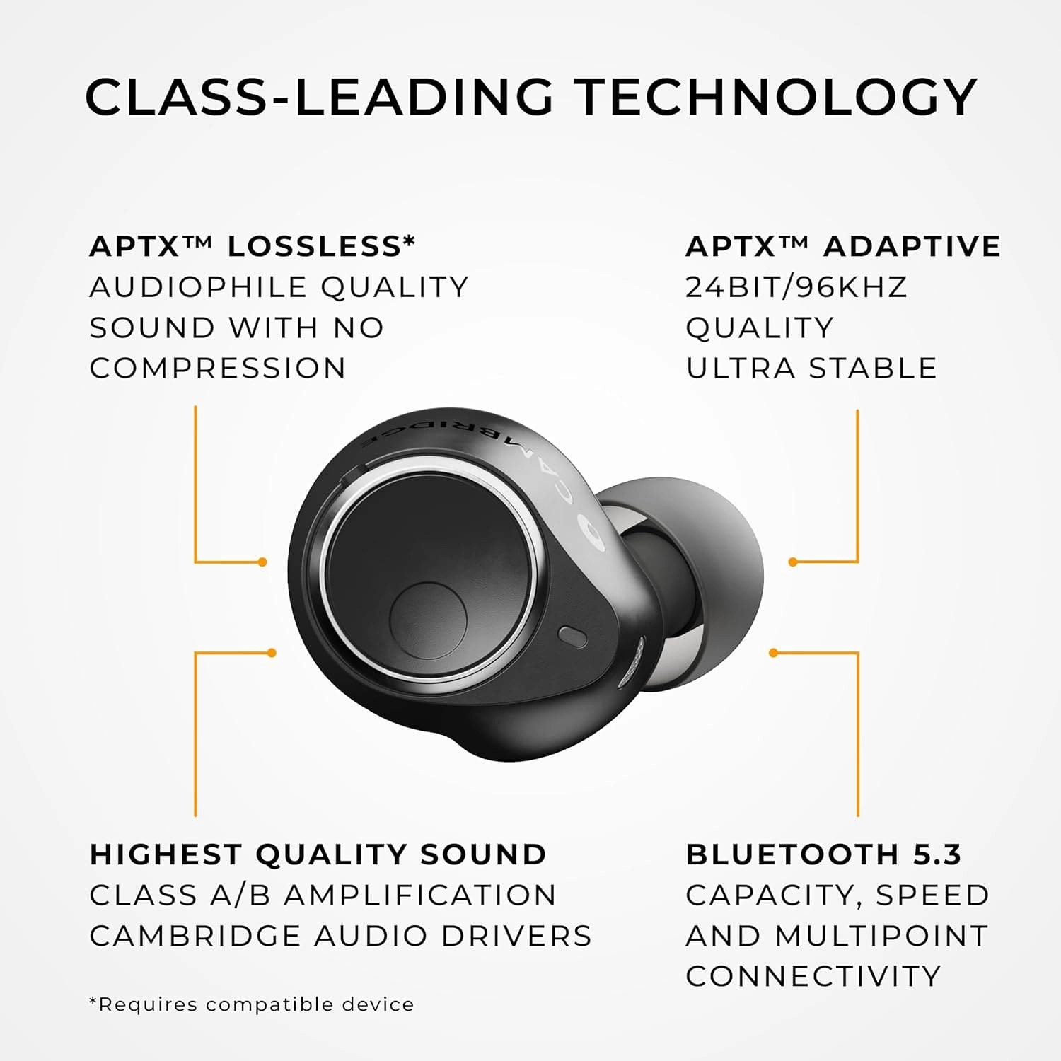Cambridge Audio Melomania M100 True Wireless Earbuds, ANC, Hi-Fi Sound, 52-Hour Battery, Bluetooth - Black