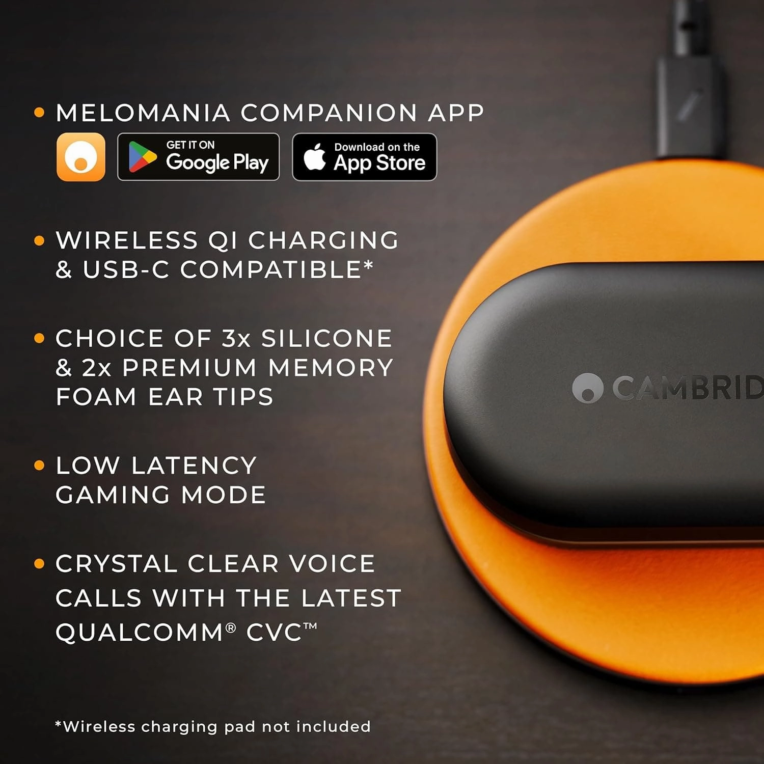 Cambridge Audio Melomania M100 True Wireless Earbuds, ANC, Hi-Fi Sound, 52-Hour Battery, Bluetooth - Black