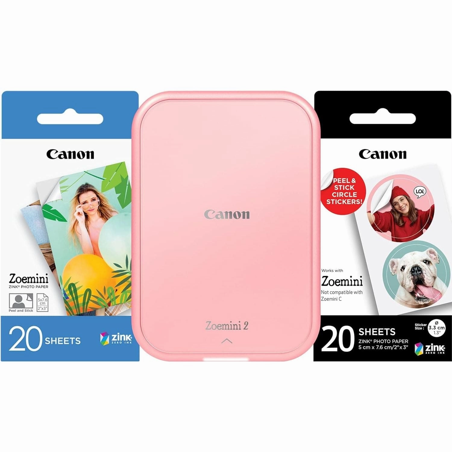 Canon Zoemini 2 Printing Kit Photo Printer   Zinc Photo 20-Piece   ZP-2030 (20 Sheets)   10 Circle Stickers (for Smartphone, USB C, Bluetooth, Mobile Printing) Rose Gold digital cameras, buy mirrorless camera, compact cameras sale