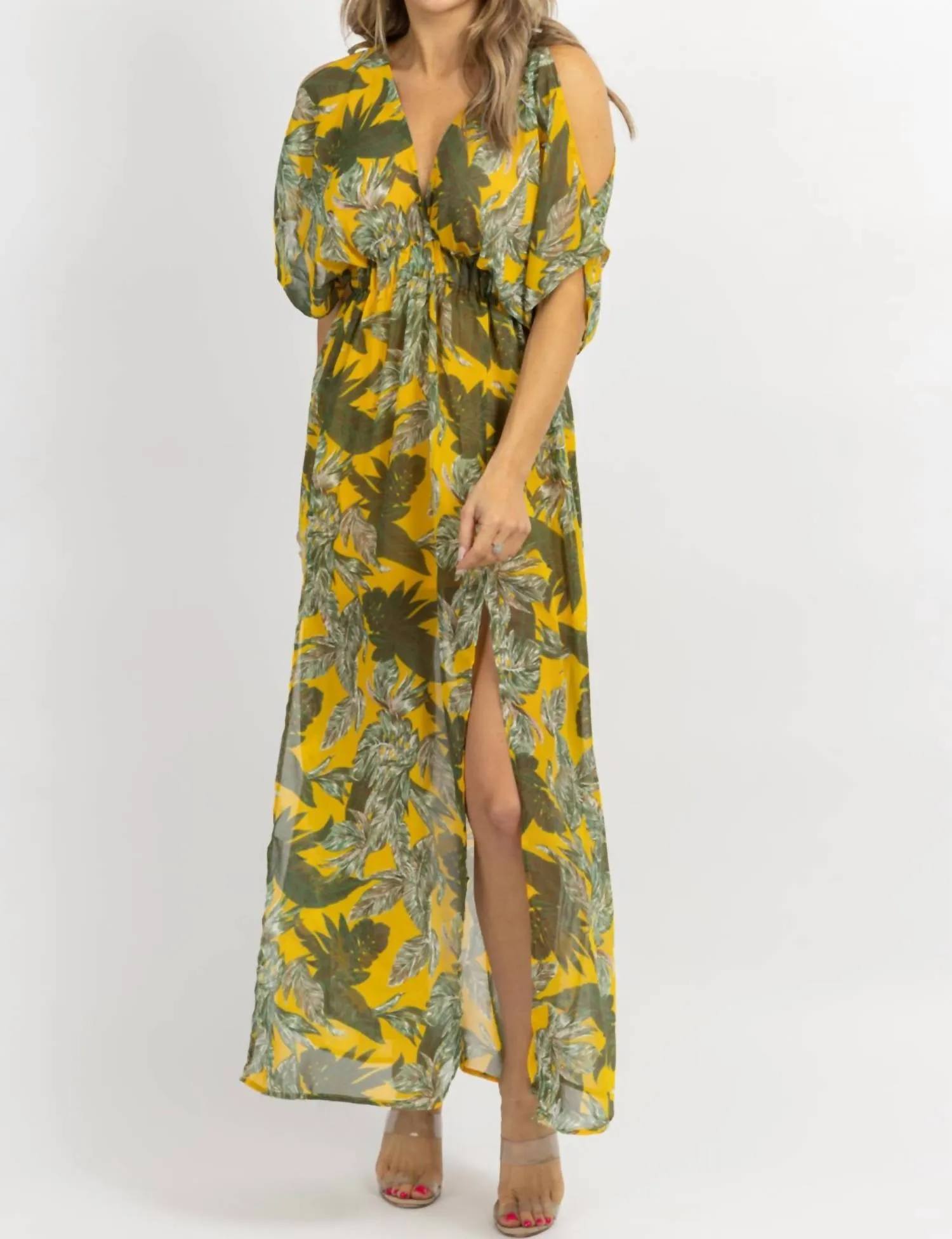 Cold Shoulder Maxi Dress In Yellow  Palm