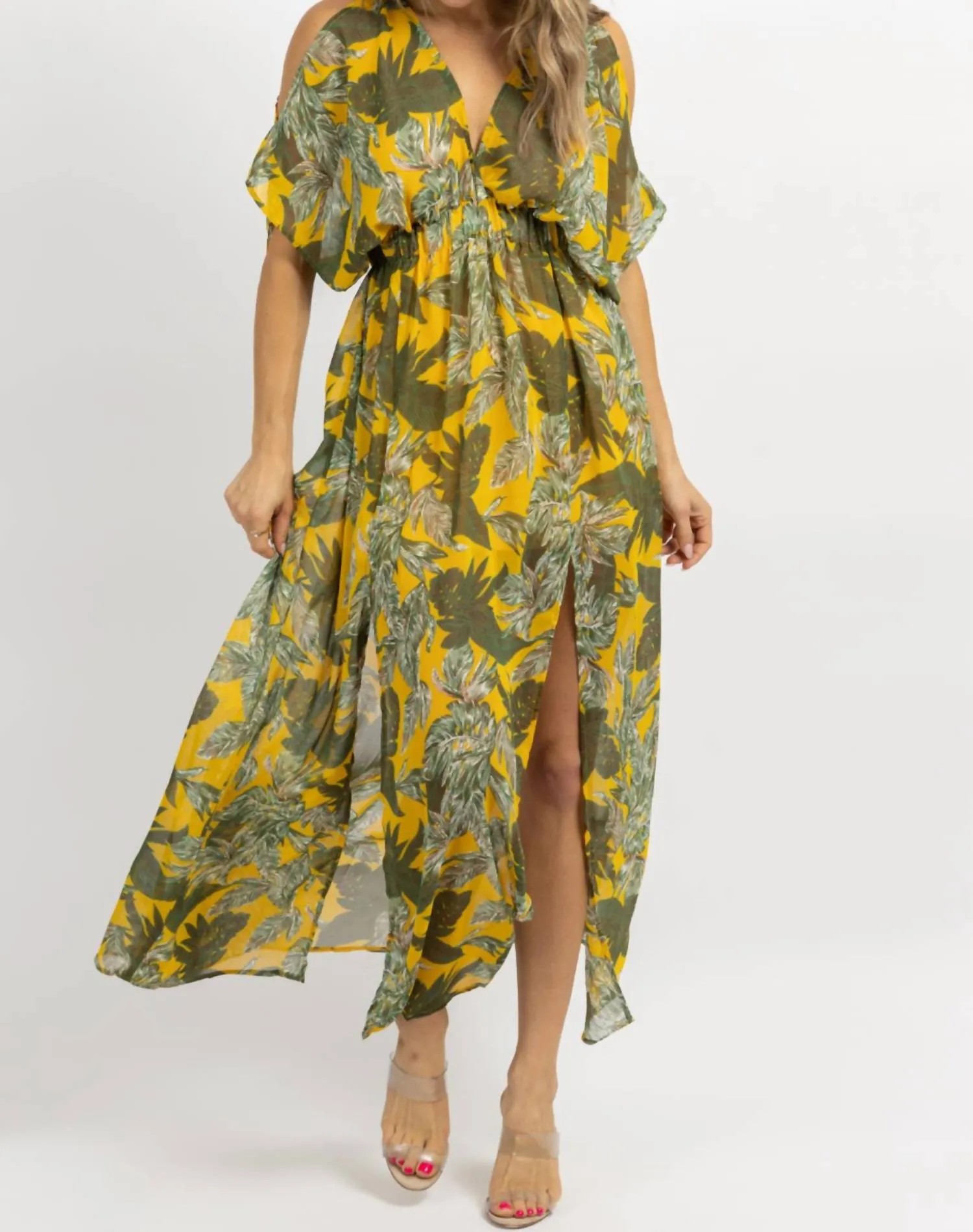 Cold Shoulder Maxi Dress In Yellow  Palm