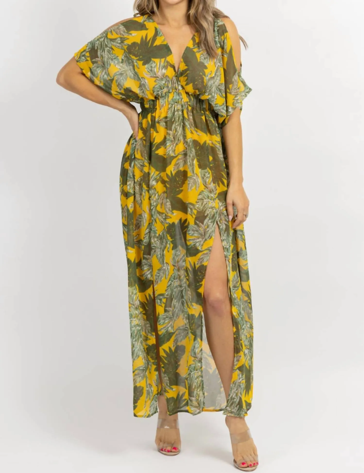 Cold Shoulder Maxi Dress In Yellow  Palm