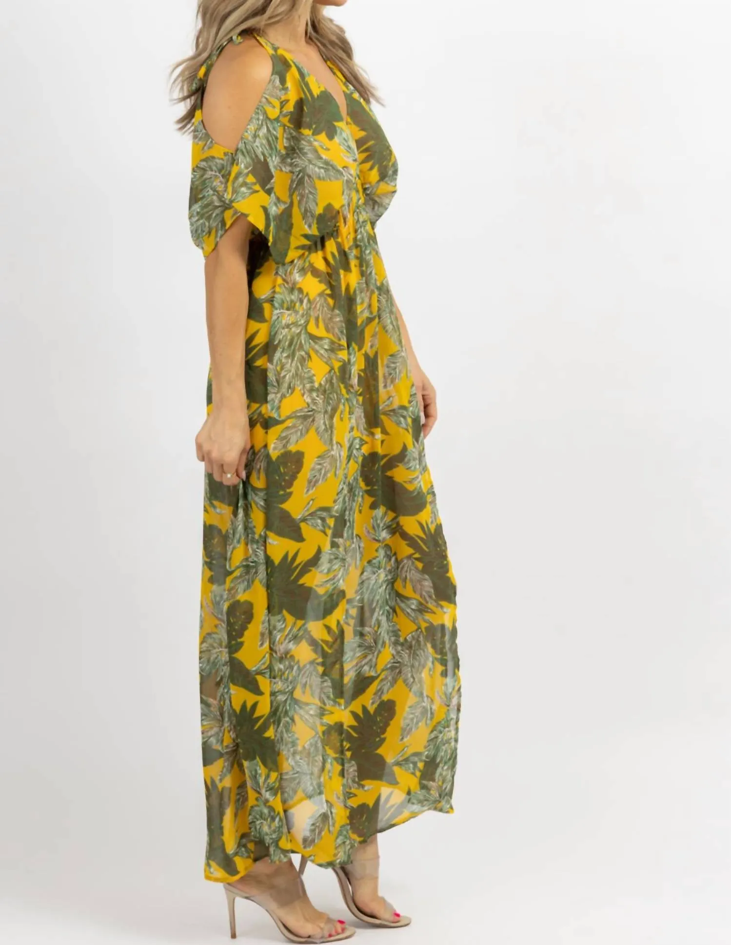 Cold Shoulder Maxi Dress In Yellow  Palm