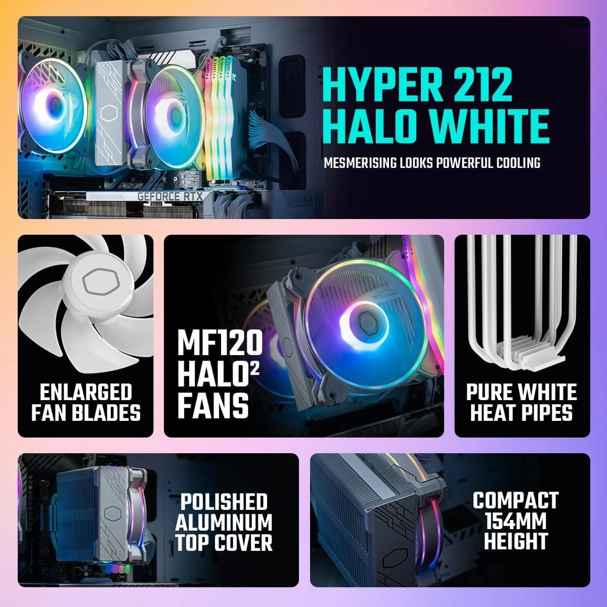 Cooler Master Hyper 212 Halo CPU Air Cooler - Pure White Aluminium Finish, 4 Continuous Direct Contact Heat Pipes with Fins, MF120 Halo2 ARGB Fan, ARGB Auto Detect, LGA1700 & AM5 Brackets - White