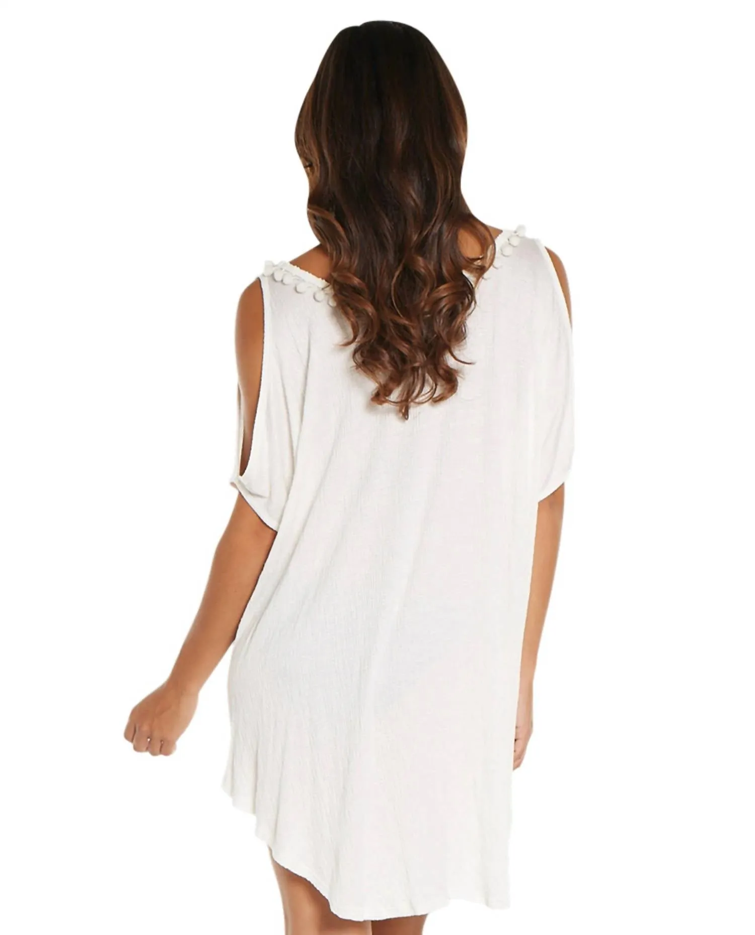 Corbel Pom Pom Cold Shoulder Tunic Top In White