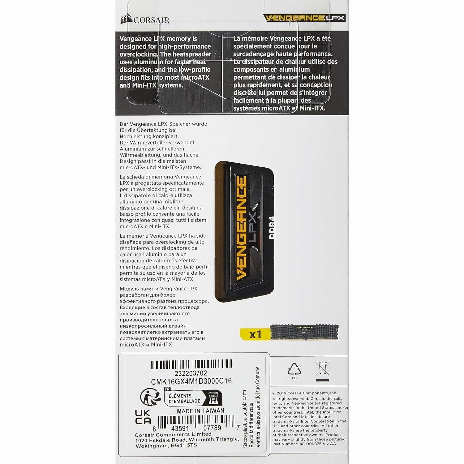 Corsair CMK16GX4M1D3000C16 Vengeance LPX 16 GB (1 x 16 GB) DDR4 3000MHz C16 XMP 2.0 High Performance Desktop Memory Kit - Black
