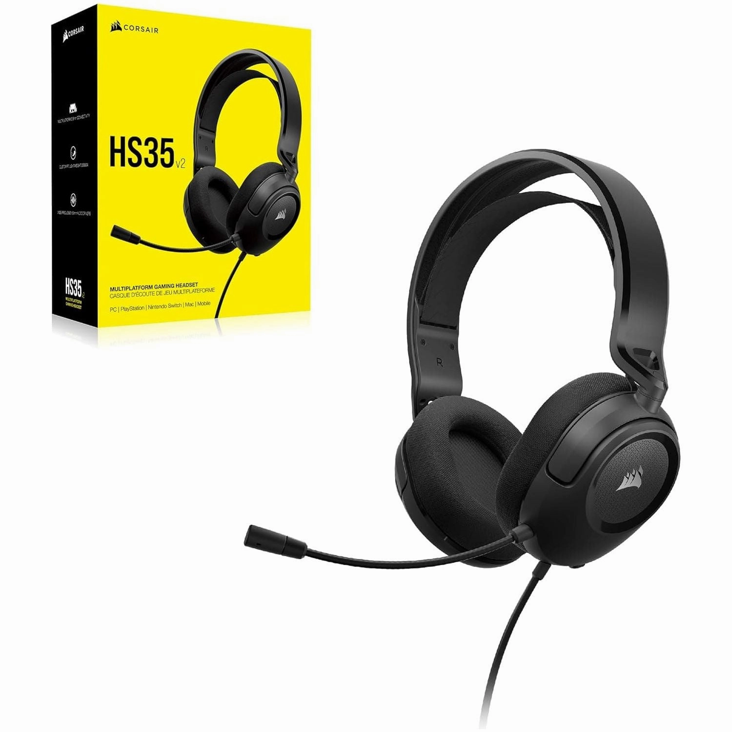 Corsair HS35 v2 Multiplatform Wired Gaming Headset  Flexible Omni-Directional Microphone  Universal 3.5mm Connection  PC, Mac, PS5, PS4, Xbox, Nintendo Switch, Mobile  Carbon