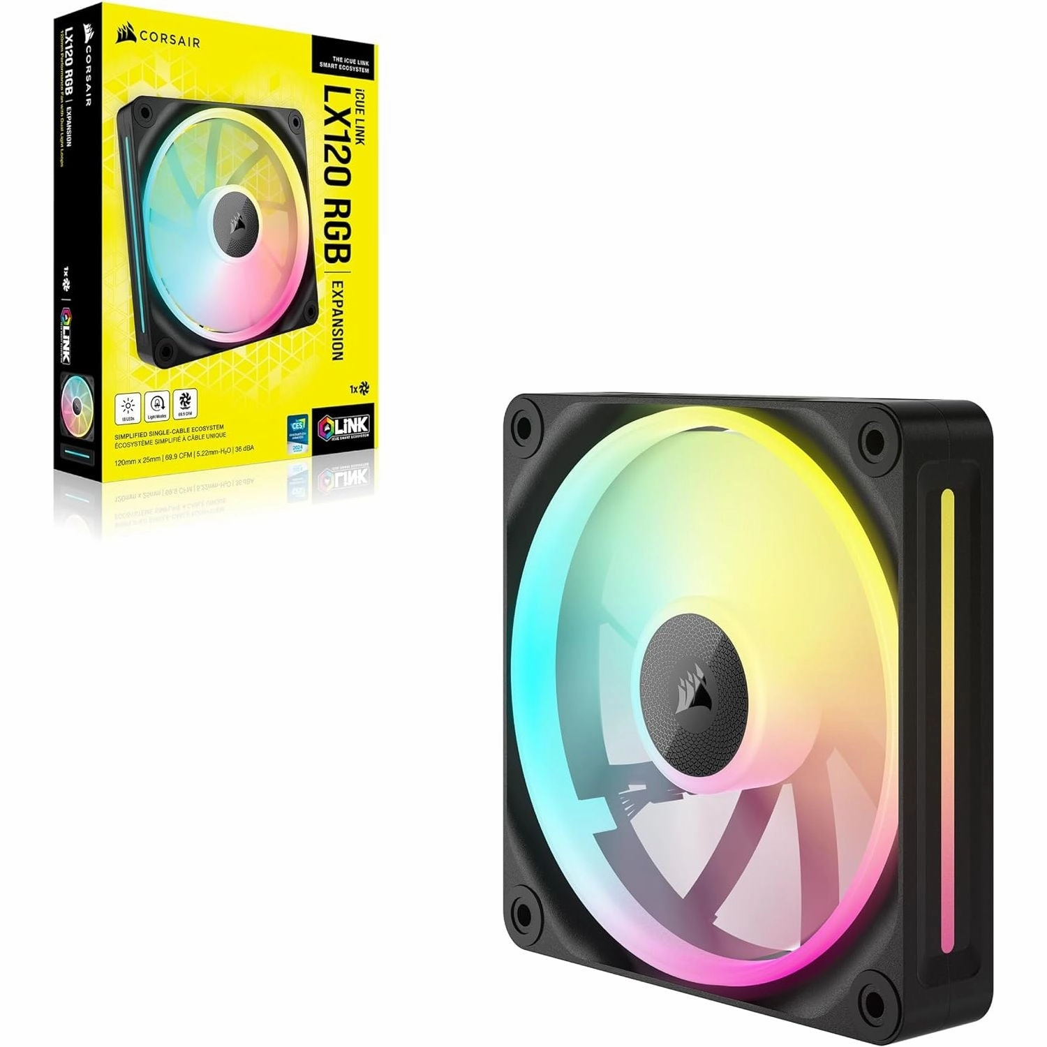 Corsair iCUE LINK LX120 RGB 120mm PWM Fan - Single Pack, Dual Light Loops, AirGuide Technology - Black