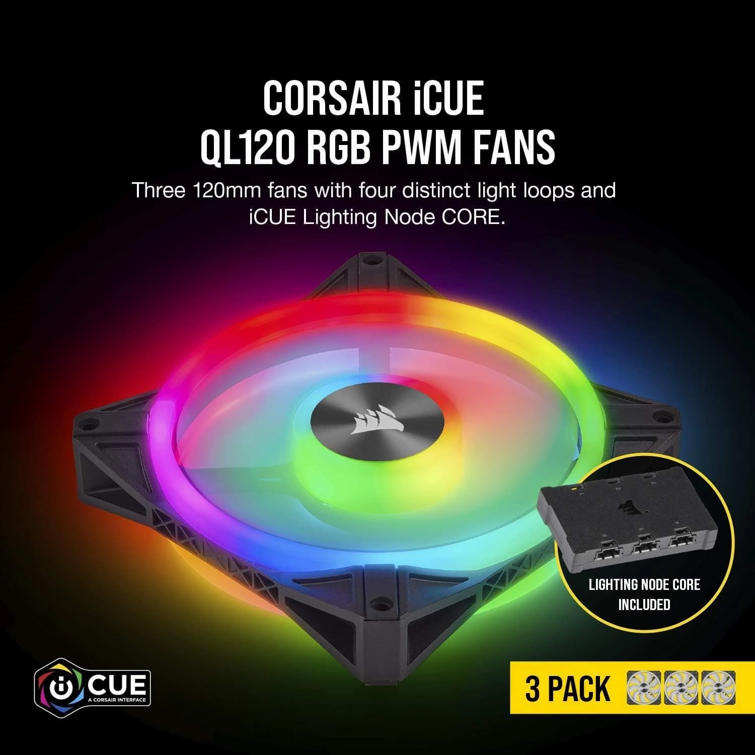 Corsair iCUE QL120 RGB, 120 mm RGB LED PWM Fans (102 Individually Addressable RGB LEDs, Speeds Up to 1,500 RPM, Low-Noise) Triple Pack with iCUE Lighting Node CORE Included - Black