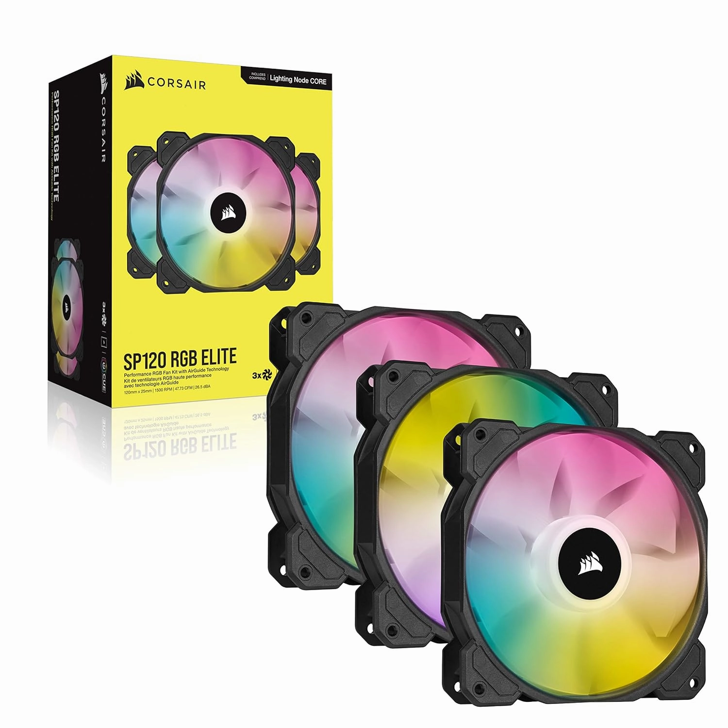 Corsair iCUE SP120 RGB ELITE 120mm PWM Triple Fan Kit - iCUE Lighting Node CORE, AirGuide Technology, 8 RGB LEDs, Low Noise (18 dBA), Up to 1500 RPM - Black