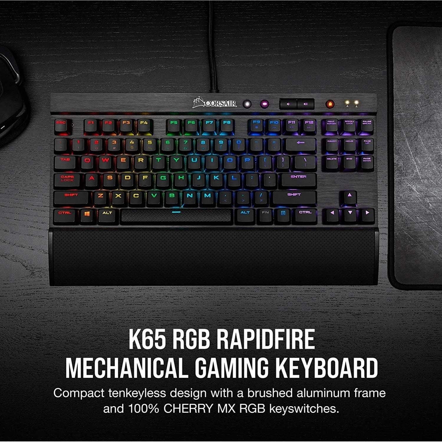 Corsair K65 RGB RAPIDFIRE Compact Mechanical Keyboard (CHERRY MX SPEED RGB, Aircraft-Grade Anodised Brushed Aluminium, 10 Keyless Design, Vibrant Multi-Colour LED Backlighting) QWERTY, Black