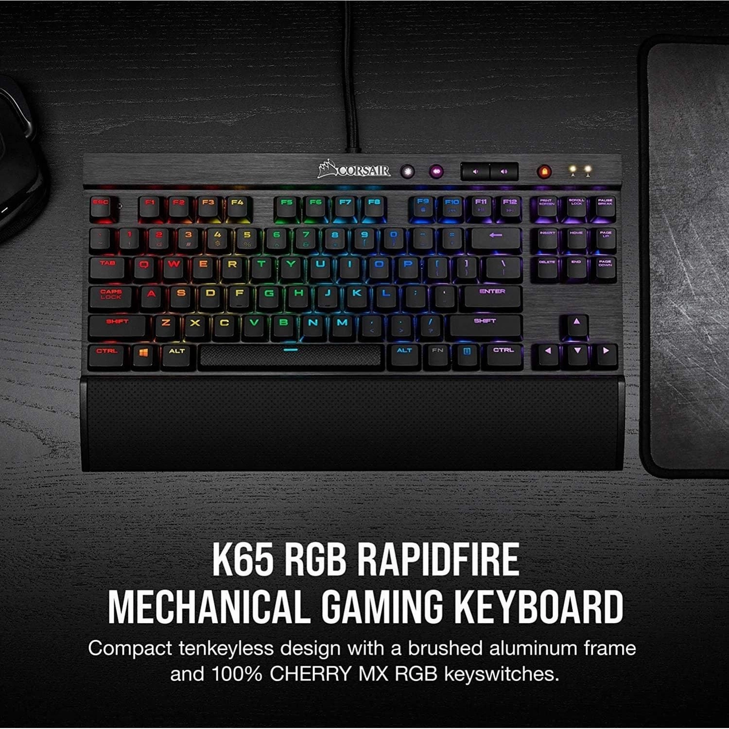 Corsair K65 RGB RAPIDFIRE Compact Mechanical Keyboard (CHERRY MX SPEED RGB, Aircraft-Grade Anodised Brushed Aluminium, 10 Keyless Design, Vibrant Multi-Colour LED Backlighting) QWERTY, Black