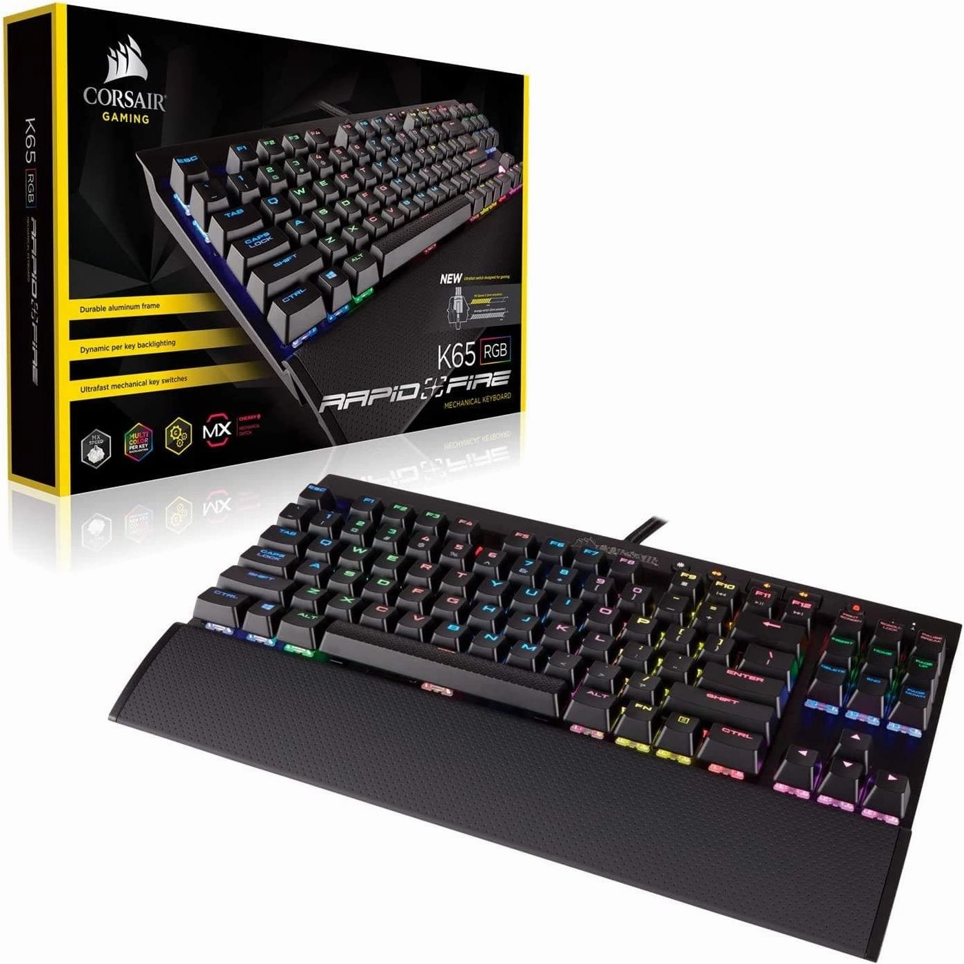 Corsair K65 RGB RAPIDFIRE Compact Mechanical Keyboard (CHERRY MX SPEED RGB, Aircraft-Grade Anodised Brushed Aluminium, 10 Keyless Design, Vibrant Multi-Colour LED Backlighting) QWERTY, Black