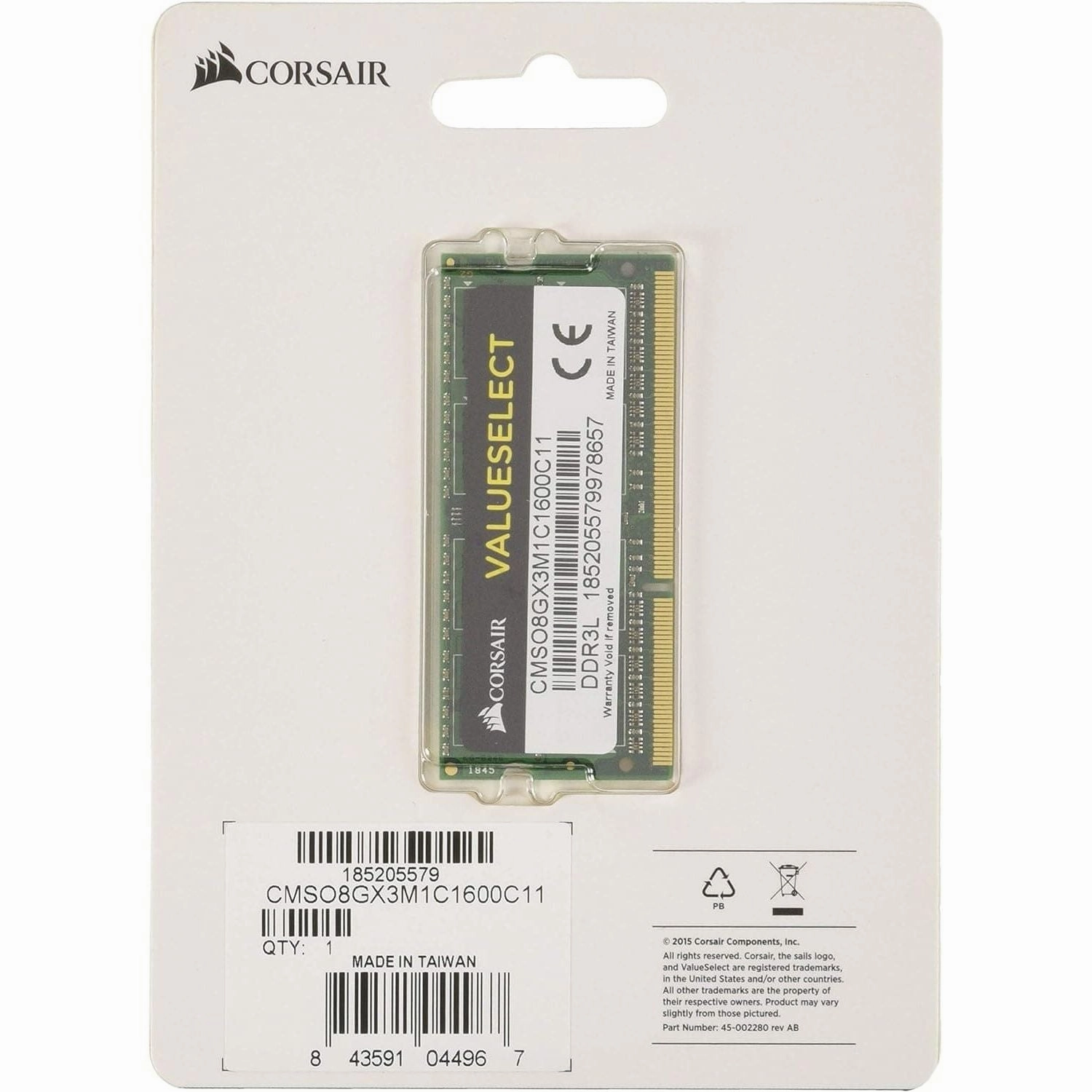 Corsair Value Select 8GB DDR3L 1600MHz SODIMM Laptop Memory (1x8GB) - Black