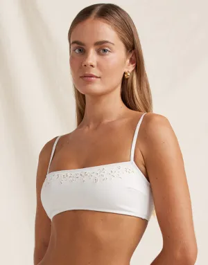 Creme Memoir Embroidered Bandeau Crop Bikini Top - White