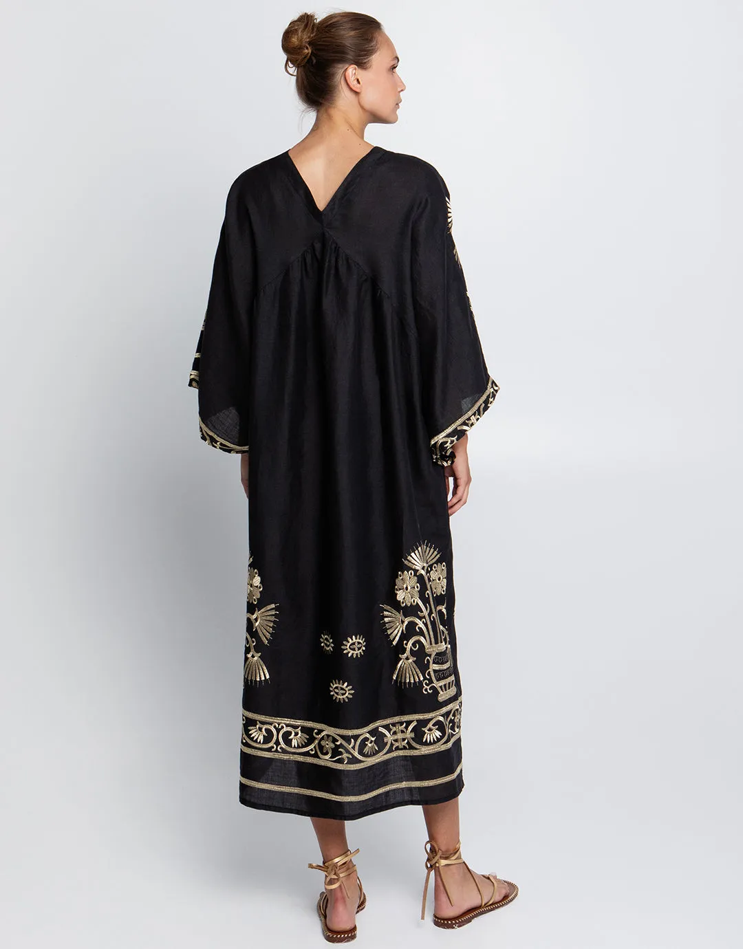 Crete V Neck Midi Kaftan - Black and Gold