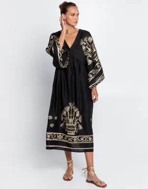 Crete V Neck Midi Kaftan - Black and Gold