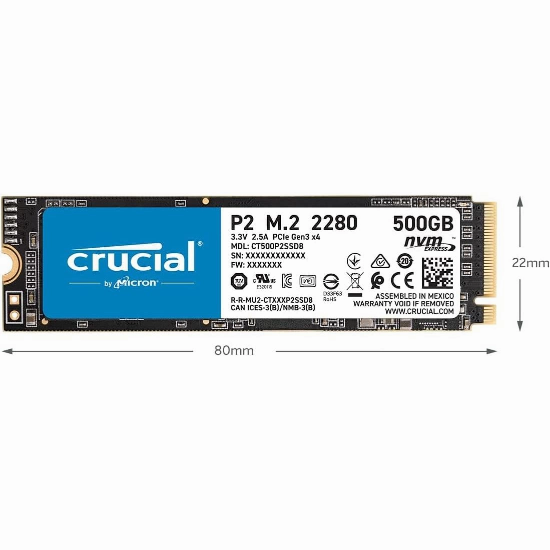 Crucial P2 CT1000P2SSD8 1 TB Internal SSD, Up to 2400 MB/s (3D NAND, NVMe, PCIe, M.2), Black