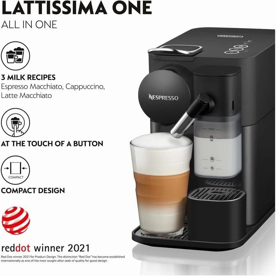 De'Longhi Lattissima One Evo Automatic Coffee Maker, Single-Serve Capsule Coffee Machine - 1450W, Black