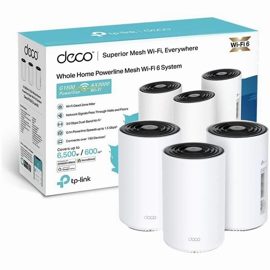 Deco PX50 AX3000   G1500 Whole Home Powerline Mesh Wi-Fi 6 System, Dual-Band, Gigabit Ports, AI-Driven Mesh, cover up to 6,500 ft2, Connect up to 150 devices,1.0 GHz CPU, HomeShield, Pack of 3 computing devices, pc accessories, cheap computer online