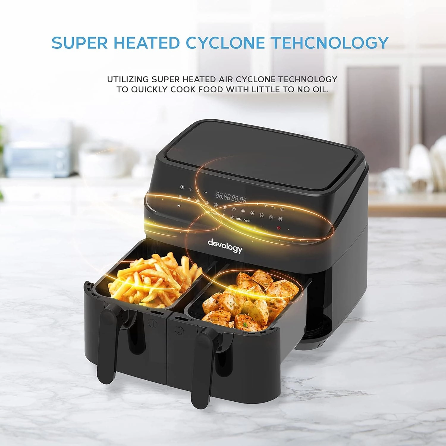 Devology Double Air Fryer, 9L, 2 x 4.5L Dual Zone , Air Fryer, 12-in-1 Pre-Sets, Digital LED Display, Two Zone Airfryer,Healthy Oil-free, Dual Basket Air Fryer