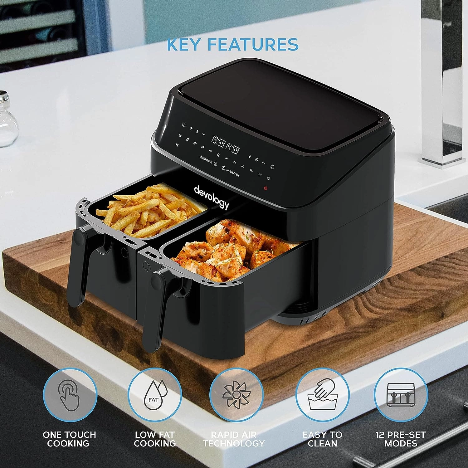 Devology Double Air Fryer, 9L, 2 x 4.5L Dual Zone , Air Fryer, 12-in-1 Pre-Sets, Digital LED Display, Two Zone Airfryer,Healthy Oil-free, Dual Basket Air Fryer