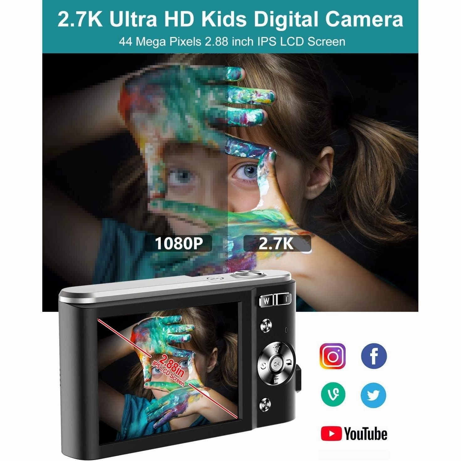 Digital Camera 2.7K Ultra HD Mini Video Camera 44MP 2.8 Inch LCD Rechargeable Students Compact Camera Pocket Camera with 16X Digital Zoom Youtube Vlogging Camera for Kids,Adult,Beginners