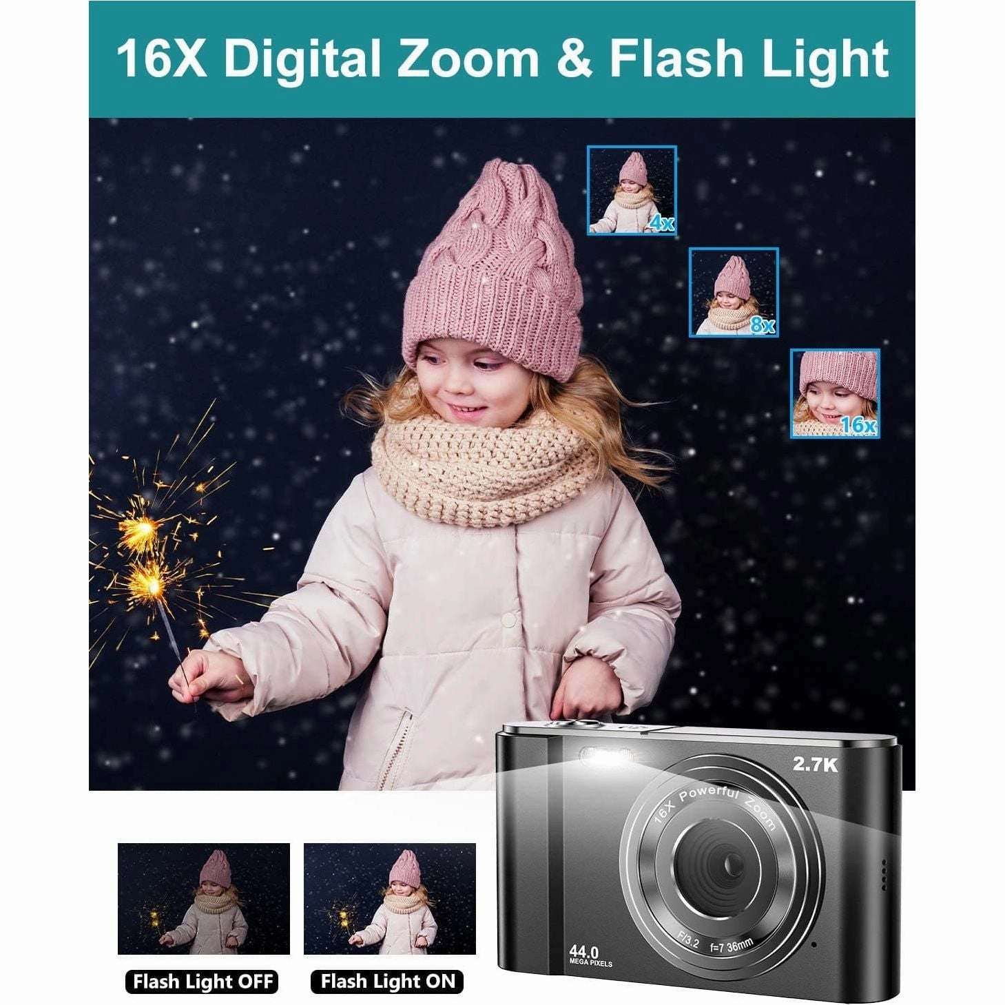 Digital Camera 2.7K Ultra HD Mini Video Camera 44MP 2.8 Inch LCD Rechargeable Students Compact Camera Pocket Camera with 16X Digital Zoom Youtube Vlogging Camera for Kids,Adult,Beginners