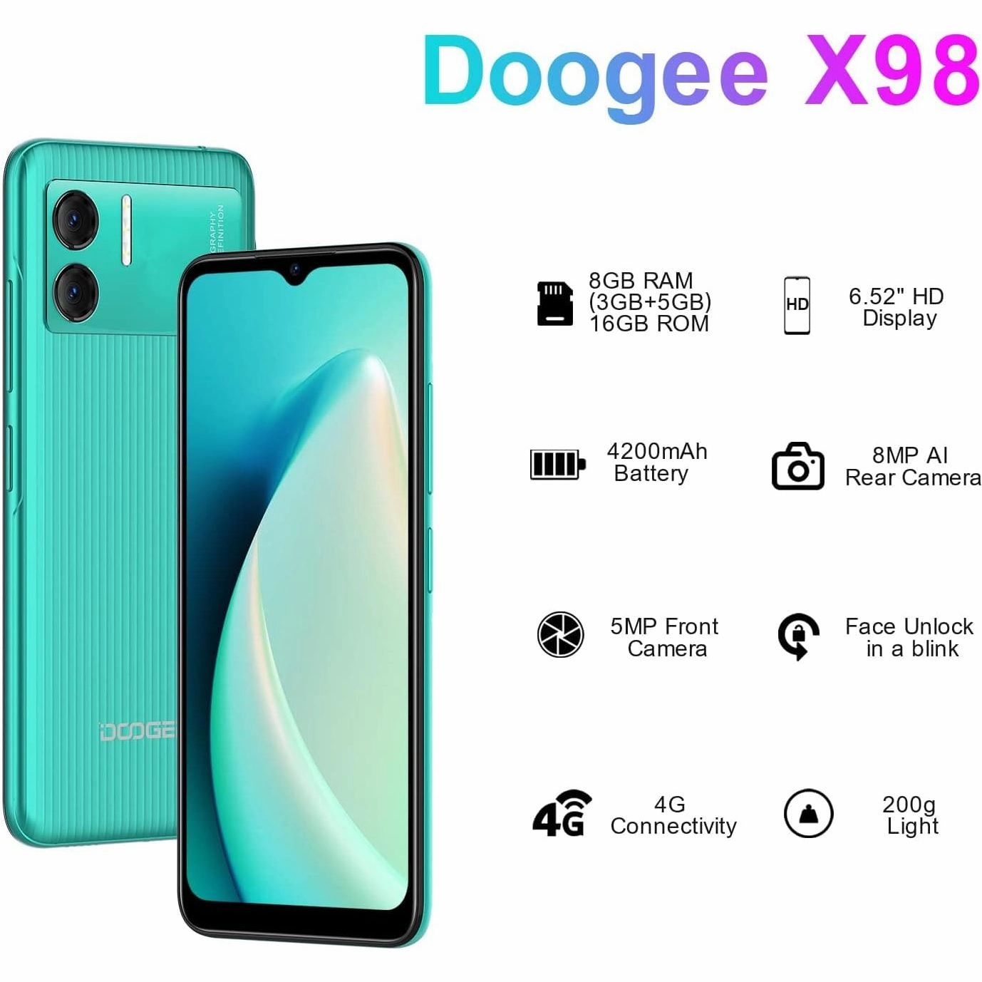 DOOGEE X98 Mobile Phones Sim Free Unlocked, Android 12 Smartphone, 16GB, 1TB Extension, 6.52 Inch HD  Screen, 4200mAh Battery, 4G Dual SIM Phones