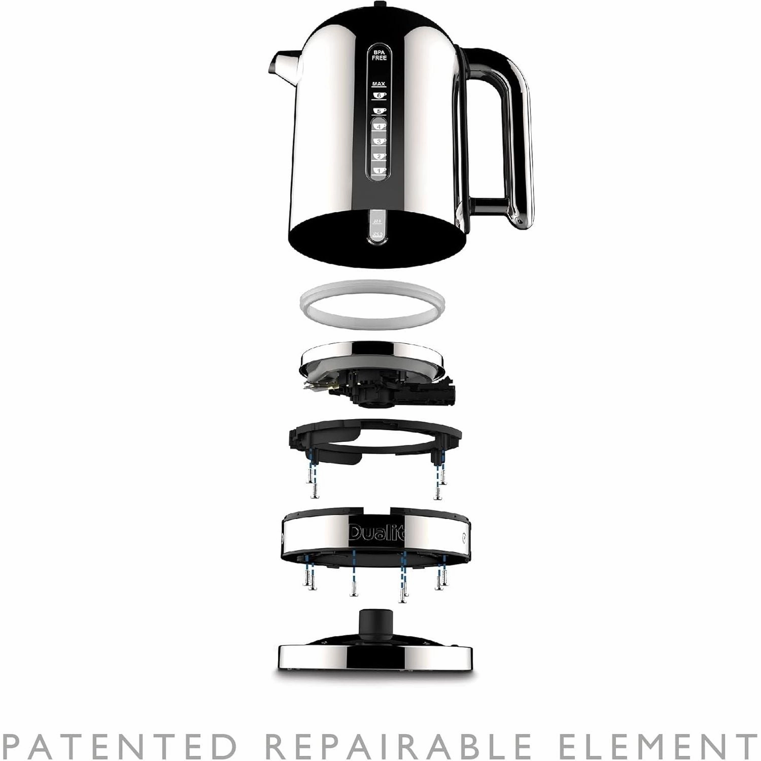 Dualit Classic Kettle 72835  1.7L, Polished Stainless Steel, Quiet Boil, 90s Boil Time - Black/Silver, EU Plug with UK Adapter