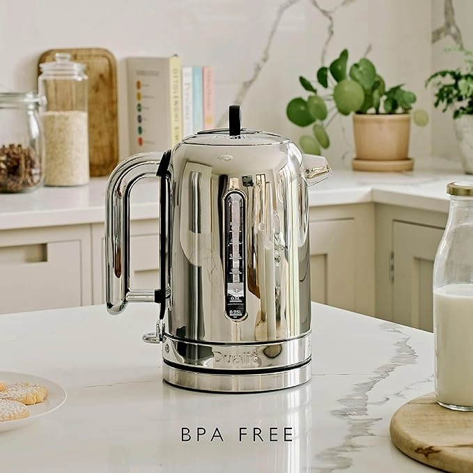 Dualit Classic Kettle 72835  1.7L, Polished Stainless Steel, Quiet Boil, 90s Boil Time - Black/Silver, EU Plug with UK Adapter