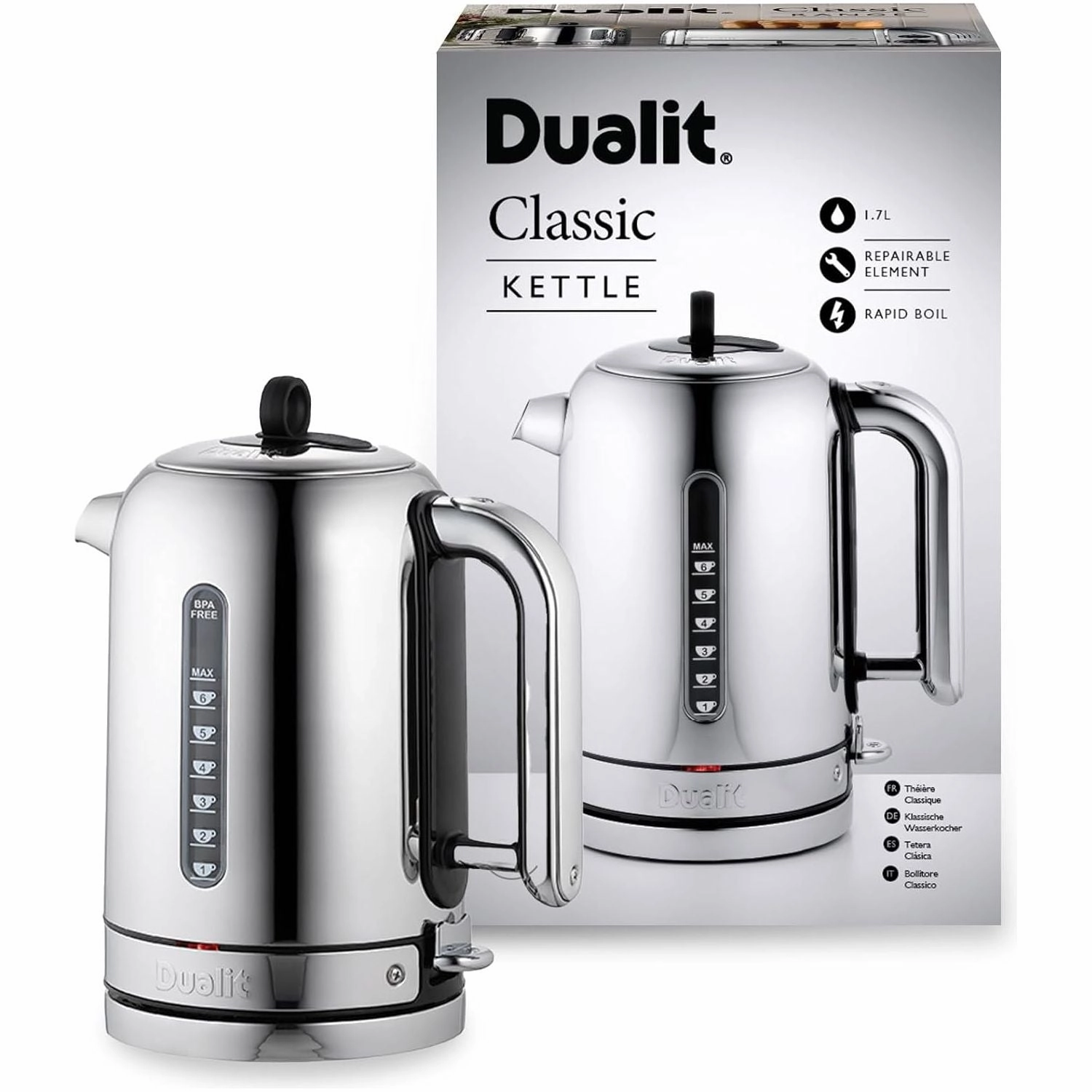 Dualit Classic Kettle 72835  1.7L, Polished Stainless Steel, Quiet Boil, 90s Boil Time - Black/Silver, EU Plug with UK Adapter