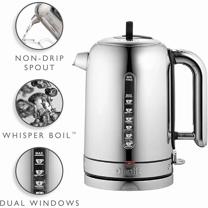 Dualit Classic Kettle 72835  1.7L, Polished Stainless Steel, Quiet Boil, 90s Boil Time - Black/Silver, EU Plug with UK Adapter