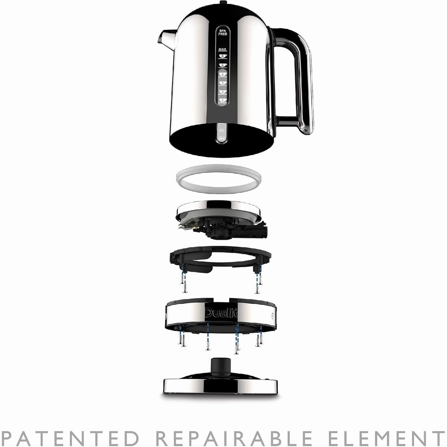 Dualit Classic Kettle 72835  1.7L, Polished Stainless Steel, Quiet Boil, 90s Boil Time - Black/Silver, EU Plug with UK Adapter