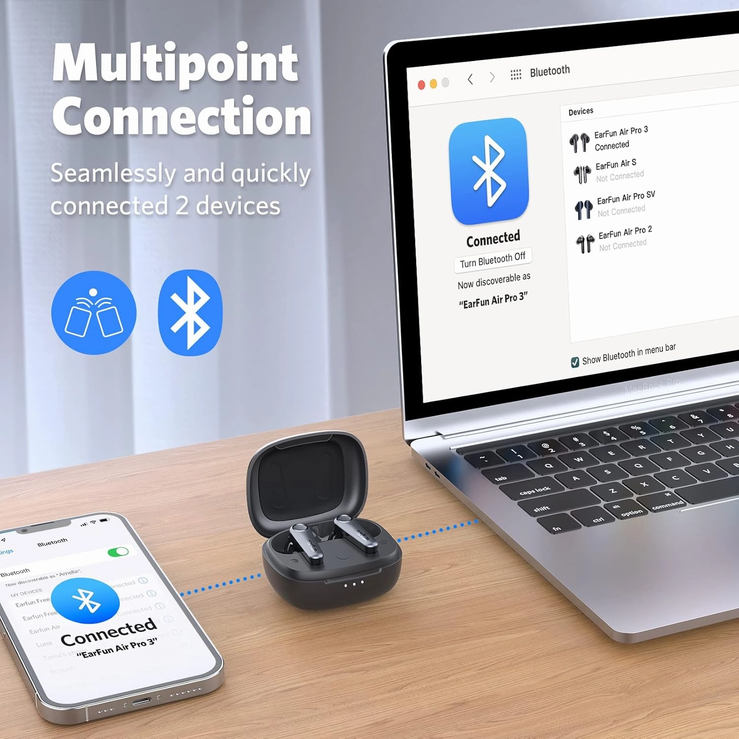 EarFun Air Pro 3 Wireless Earbuds, Hybrid Active Noise Cancelling, aptX Adaptive Sound, Bluetooth 5.3, 45-Hour Playtime